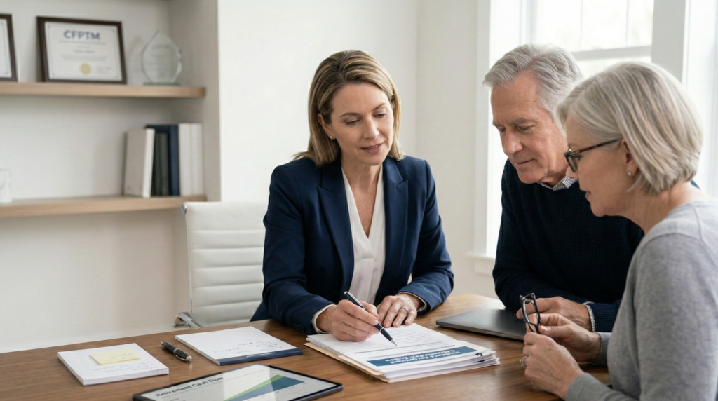 Licensed Medicare advisor reviewing Medicare enrollment options with a couple preparing for Medicare coverage